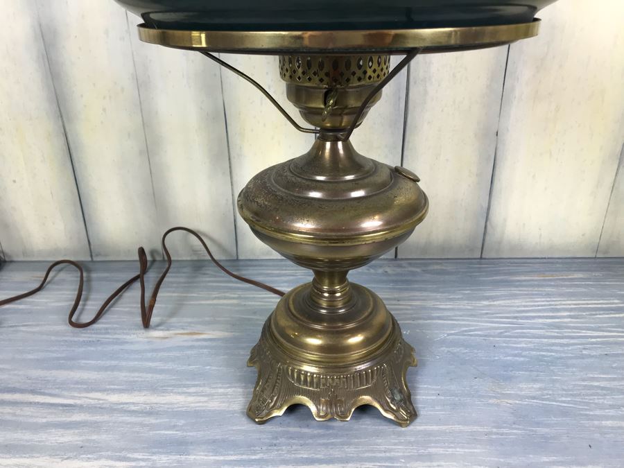 Vintage Electrified Brass Table Oil Lamp With Glass Hurricane And Glass Shade (Shade Has Crack) [Photo 2]
