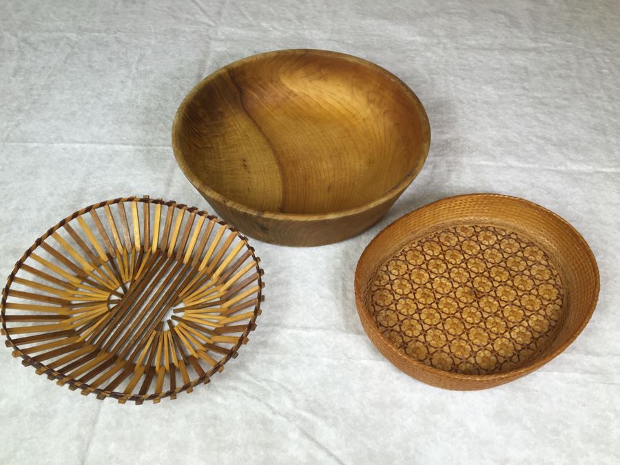 Myrtlewood Coos Bay OR Turned Bowl And Pair Of Baskets [Photo 1]