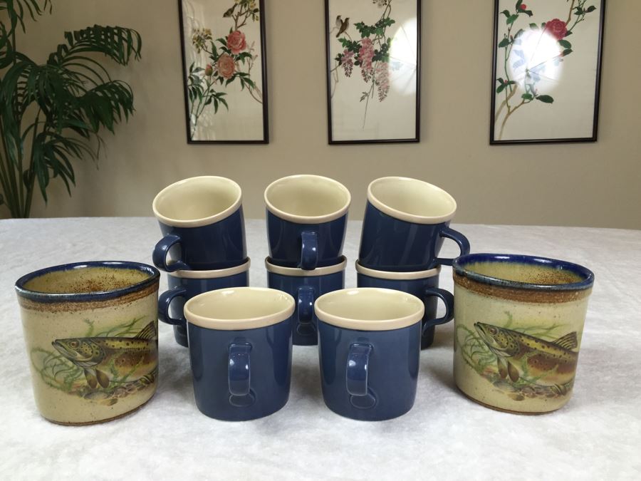 (8) Blue Mikasa Discovery Blue Thunder Coffee Cups Japan And (2) Monroe Salt Works Maine Trout Coffee Cups