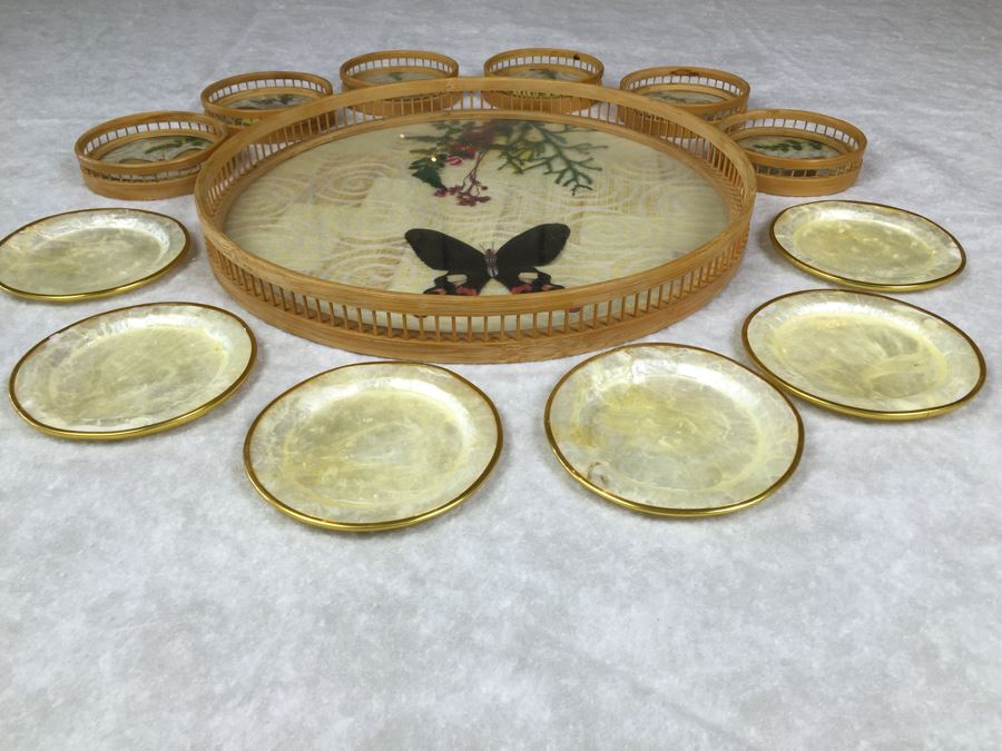 Butterfly Tray And (6) Drink Coaster Collection Plus (6) Shell Drink Coasters [Photo 2]