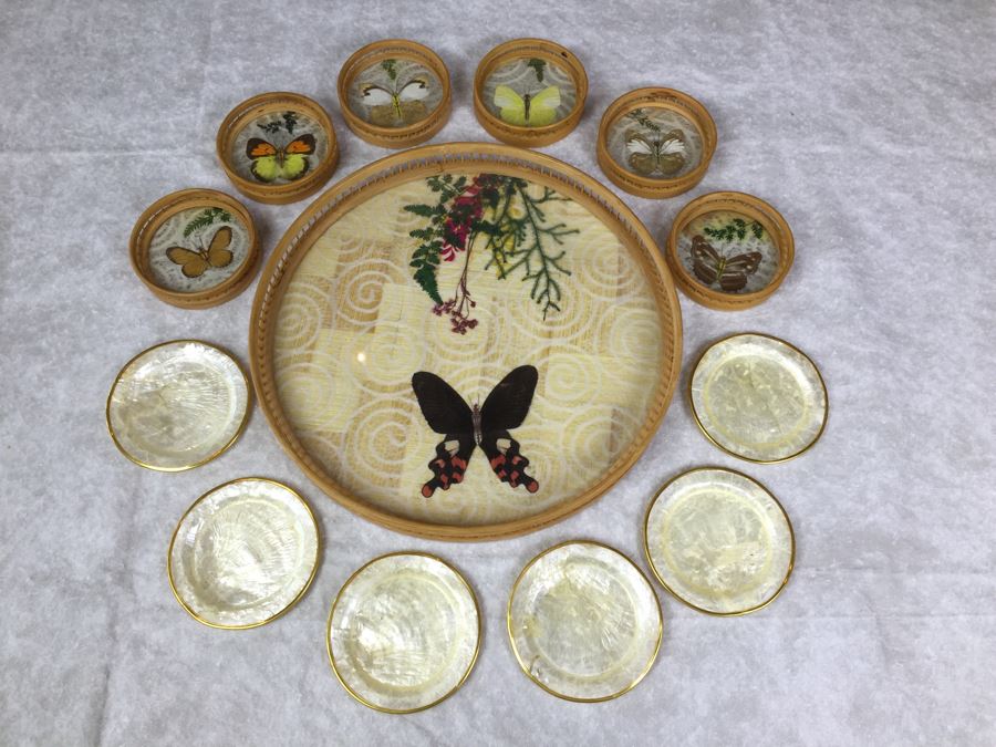 Butterfly Tray And (6) Drink Coaster Collection Plus (6) Shell Drink Coasters [Photo 1]