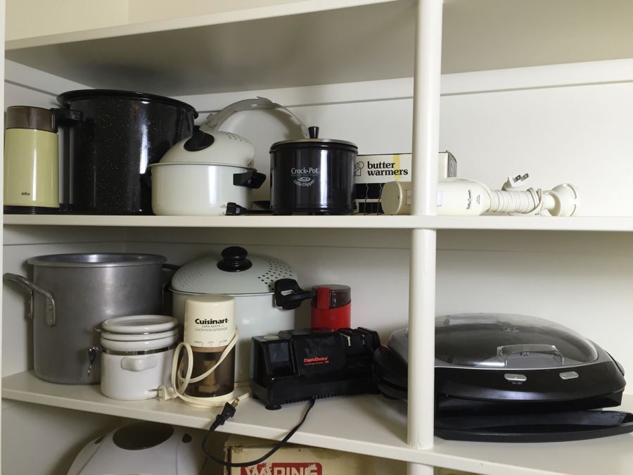 Just Added - (2) Shelves Of Kitchen Appliances And Items Including Braun Coffee Grinder, Cuisinart Chopper, Chefs Choice Knife Sharpener, George Forman Grill, Crock Pots - See Photos [Photo 1]