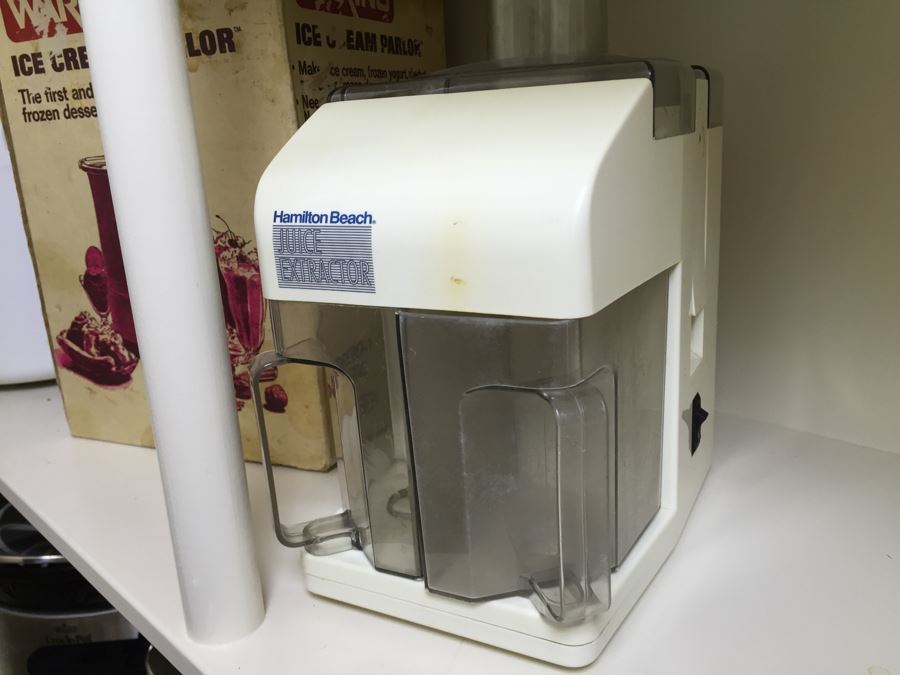 Just Added - (2) Shelves Of Kitchen Appliances And Items Including Sunbeam Breadmaker, Waring Ice Cream Parlor, Hamilton Beach Juice Extractor, Crock Pot - See Photos [Photo 4]