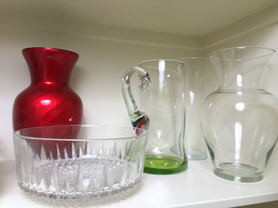 Just Added - (2) Shelves Of Various Vases, Pitchers, Trays, Bowls - See Photos [Photo 5]