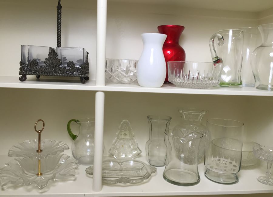Just Added - (2) Shelves Of Various Vases, Pitchers, Trays, Bowls - See Photos [Photo 1]