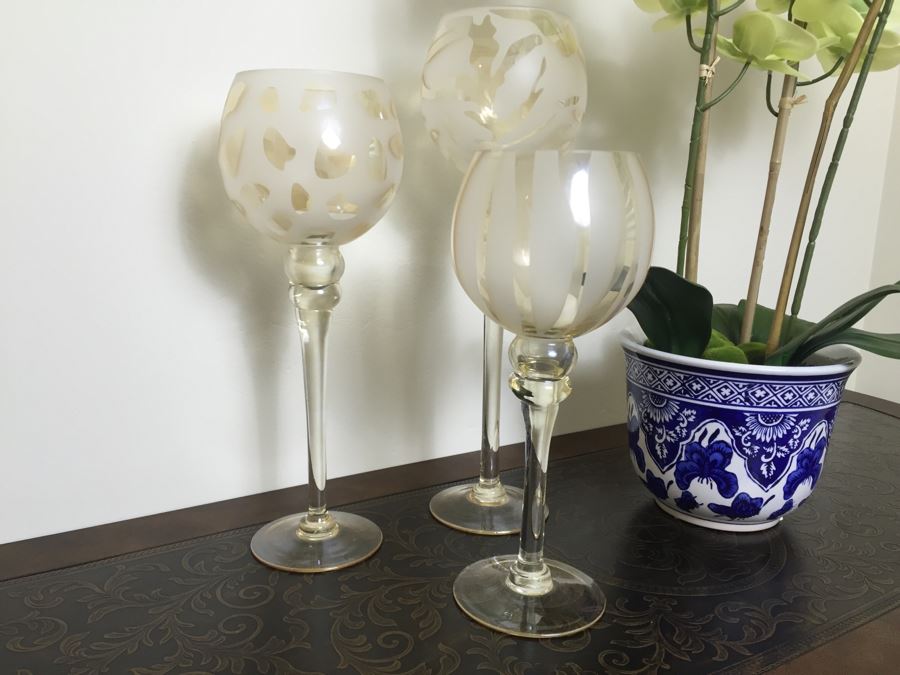 Just Added - Faux Orchids In Blue And White Pot And (3) Decorative Stemware [Photo 2]