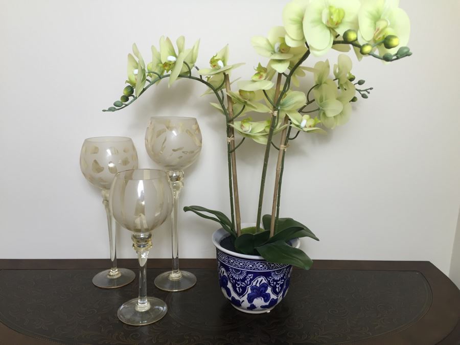 Just Added - Faux Orchids In Blue And White Pot And (3) Decorative Stemware [Photo 1]