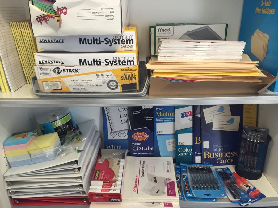 Just Added - Huge Office Supplies Lot With Pens, Envelopes, Printer Paper, Notepads, Binders, Folders, Post-It Notes, Glue Sticks - See Photos