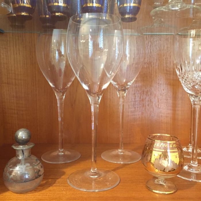 Just Added - Various Glassware Including Crystal Stemware, Silver Overlay Bottle, Blue And Gold Shot Glasses, Wine Glasses - See Photos [Photo 9]