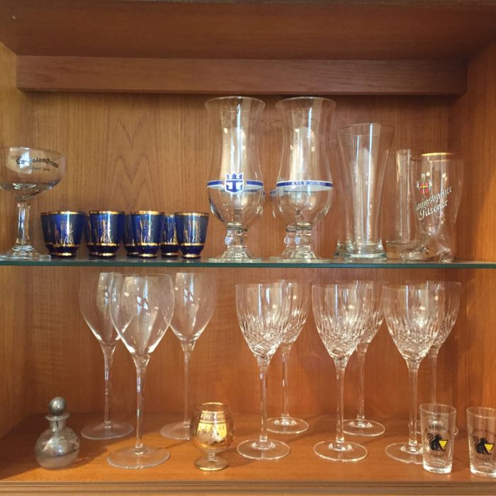 Just Added - Various Glassware Including Crystal Stemware, Silver Overlay Bottle, Blue And Gold Shot Glasses, Wine Glasses - See Photos [Photo 2]