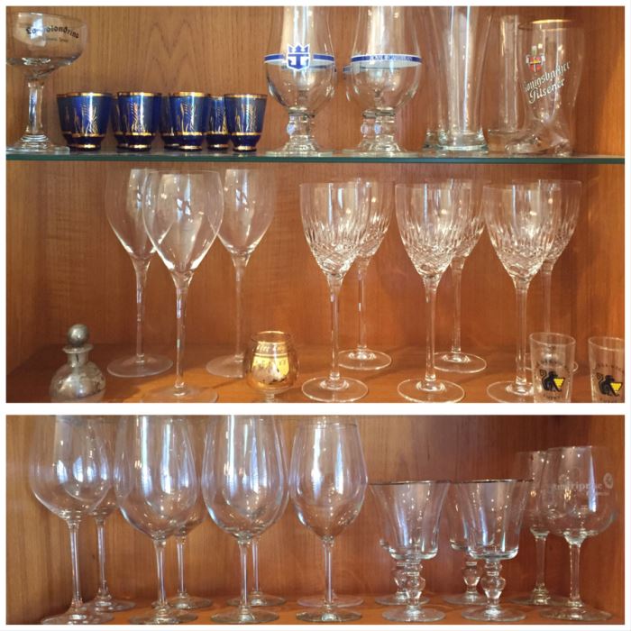 Just Added - Various Glassware Including Crystal Stemware, Silver Overlay Bottle, Blue And Gold Shot Glasses, Wine Glasses - See Photos