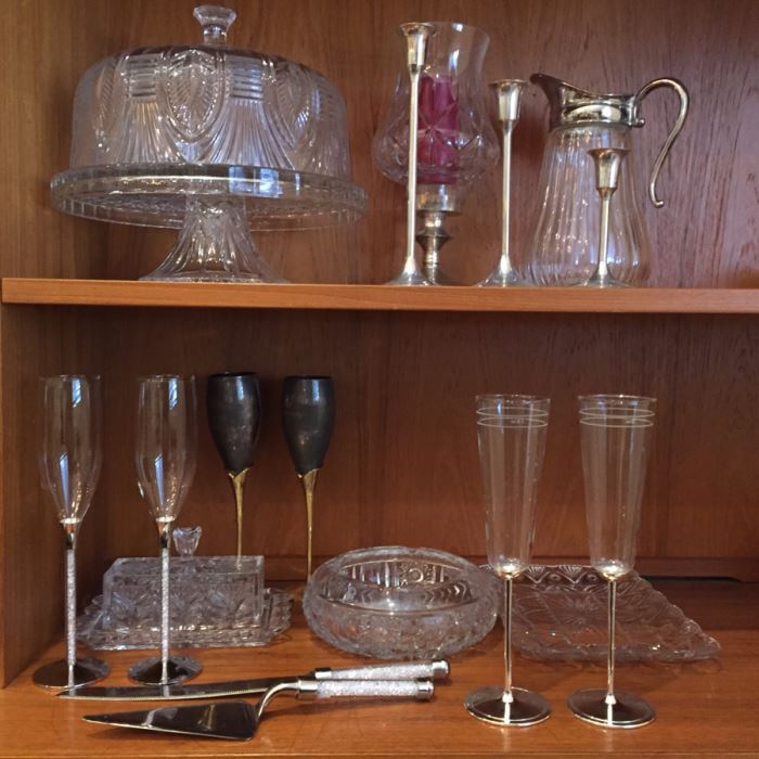 Just Added - Footed Cake Stand With Dome, Silver Tone Candlesticks, Pitcher, Champagne Glasses Including His And Her Kate Spade Lenox Glasses, Crystal Ashtray - See Photos [Photo 1]