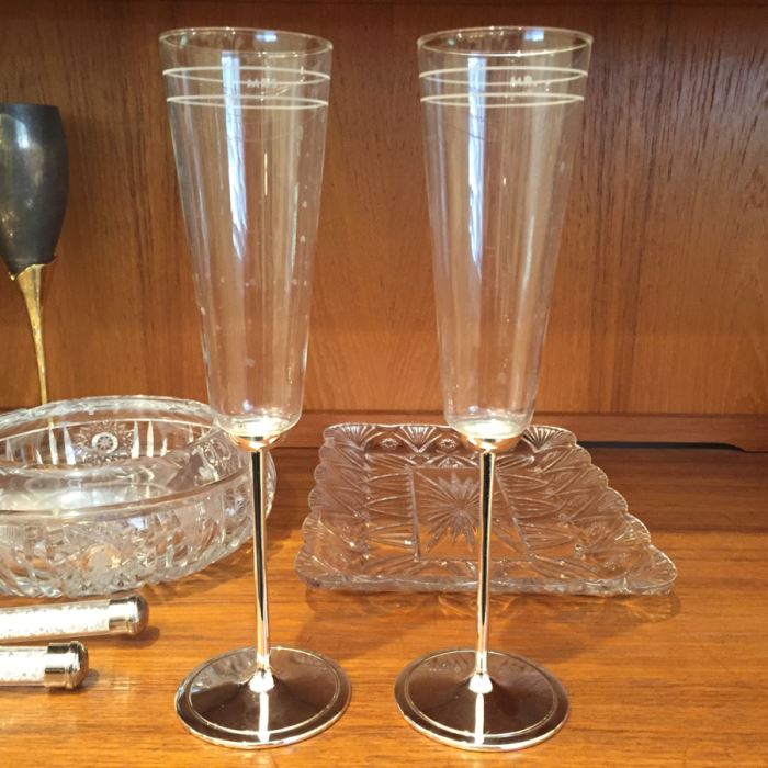Just Added - Footed Cake Stand With Dome, Silver Tone Candlesticks, Pitcher, Champagne Glasses Including His And Her Kate Spade Lenox Glasses, Crystal Ashtray - See Photos [Photo 18]