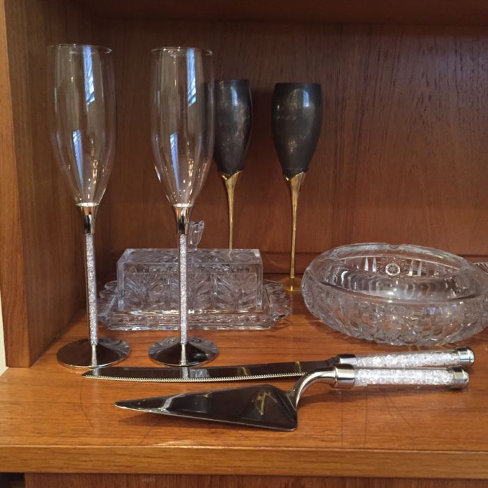 Just Added - Footed Cake Stand With Dome, Silver Tone Candlesticks, Pitcher, Champagne Glasses Including His And Her Kate Spade Lenox Glasses, Crystal Ashtray - See Photos [Photo 9]
