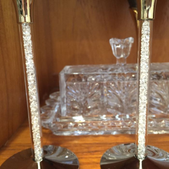 Just Added - Footed Cake Stand With Dome, Silver Tone Candlesticks, Pitcher, Champagne Glasses Including His And Her Kate Spade Lenox Glasses, Crystal Ashtray - See Photos [Photo 12]