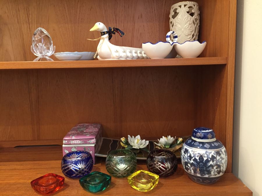 Just Added - Home Decor Lot With Crystal Egg, LENOX Vase, Japanese Vase, Candle Holders - See Photos