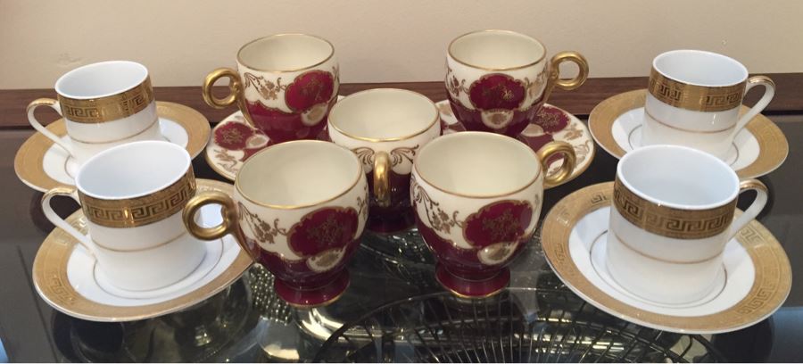 Just Added - (5) Czechoslovakia Maroon And Gold Coffee Cups With (2) Saucers And (4) CC&T Gold Coffee Cups With Saucers [Photo 1]