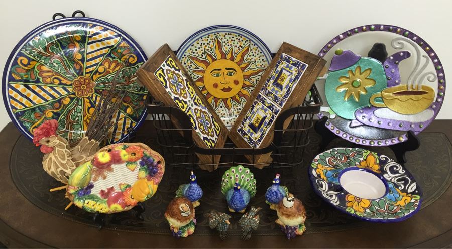 Just Added - Home Decor Lot With Various Handpainted Plates, Nepalese Tibetan Brass Filigree Birds With Inlayed Coral And Turquoise, Hand-Blown Glass Plate, Metal Basket (One Of The Small Bird Figurines Has Chip) - See Photos