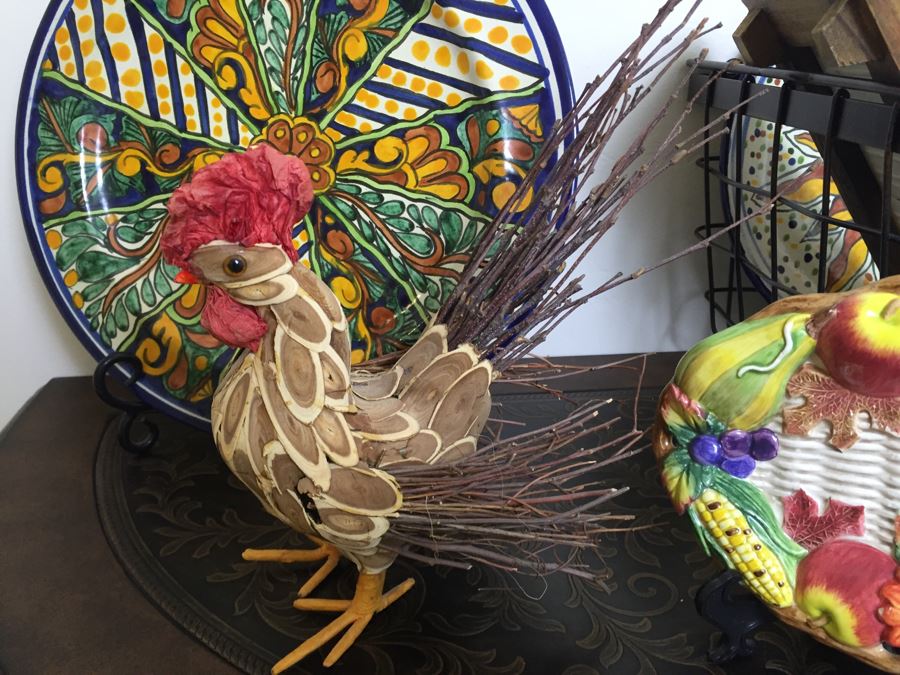 Just Added - Home Decor Lot With Various Handpainted Plates, Nepalese Tibetan Brass Filigree Birds With Inlayed Coral And Turquoise, Hand-Blown Glass Plate, Metal Basket (One Of The Small Bird Figurines Has Chip) - See Photos [Photo 4]