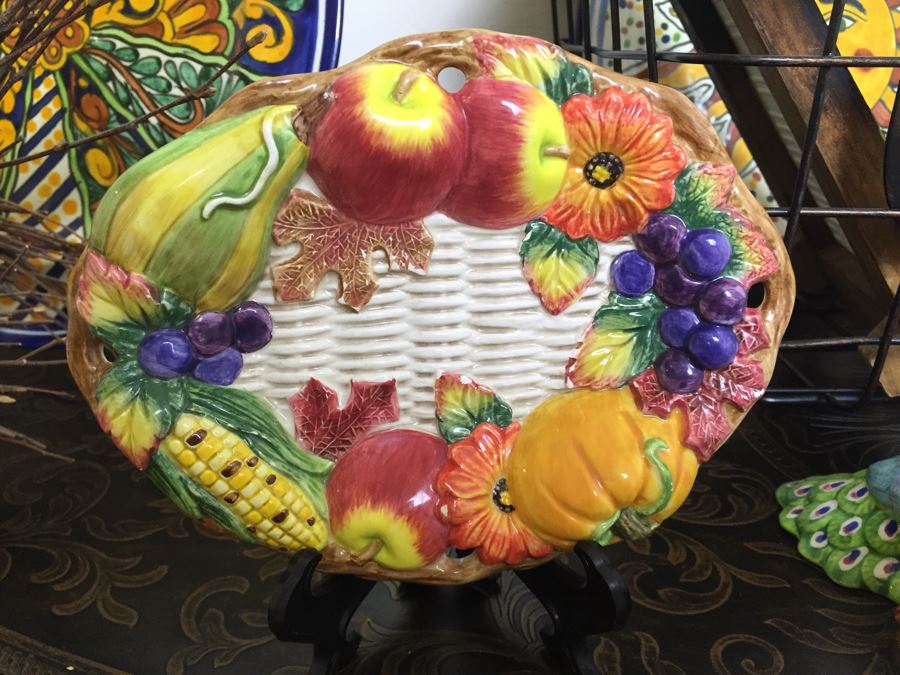 Just Added - Home Decor Lot With Various Handpainted Plates, Nepalese Tibetan Brass Filigree Birds With Inlayed Coral And Turquoise, Hand-Blown Glass Plate, Metal Basket (One Of The Small Bird Figurines Has Chip) - See Photos [Photo 6]