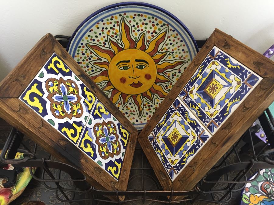 Just Added - Home Decor Lot With Various Handpainted Plates, Nepalese Tibetan Brass Filigree Birds With Inlayed Coral And Turquoise, Hand-Blown Glass Plate, Metal Basket (One Of The Small Bird Figurines Has Chip) - See Photos [Photo 13]