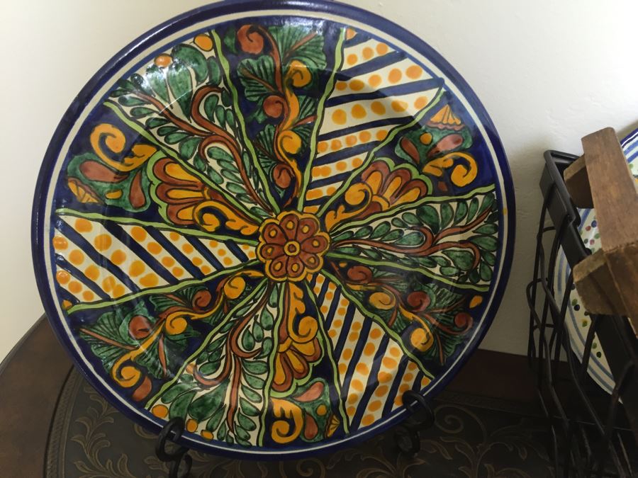 Just Added - Home Decor Lot With Various Handpainted Plates, Nepalese Tibetan Brass Filigree Birds With Inlayed Coral And Turquoise, Hand-Blown Glass Plate, Metal Basket (One Of The Small Bird Figurines Has Chip) - See Photos [Photo 2]