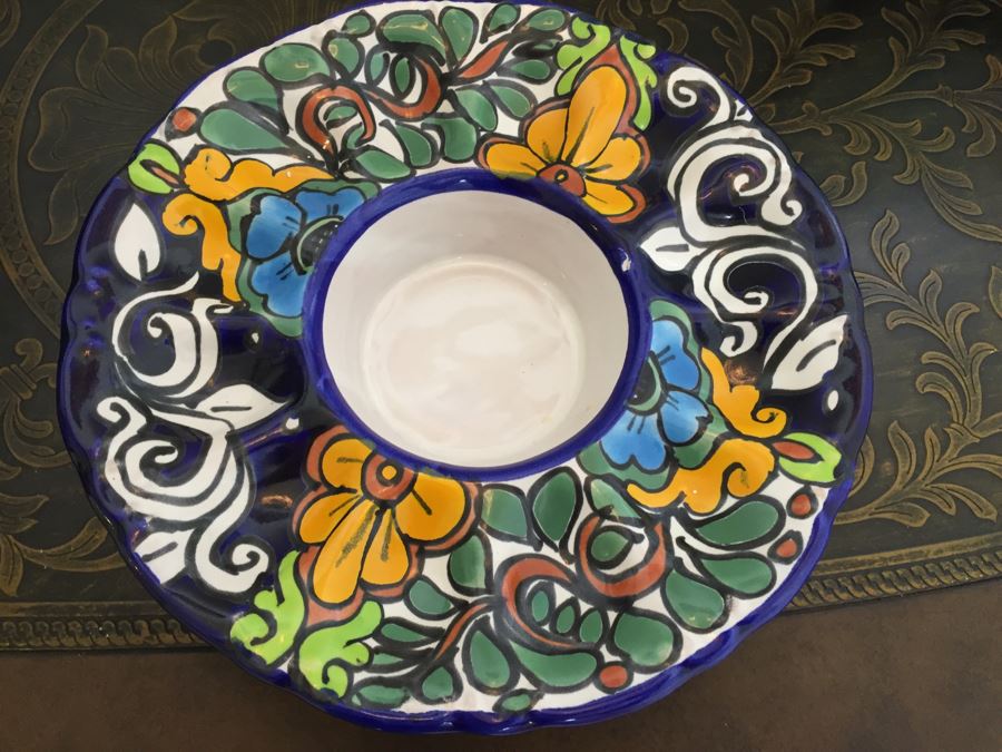 Just Added - Home Decor Lot With Various Handpainted Plates, Nepalese Tibetan Brass Filigree Birds With Inlayed Coral And Turquoise, Hand-Blown Glass Plate, Metal Basket (One Of The Small Bird Figurines Has Chip) - See Photos [Photo 15]