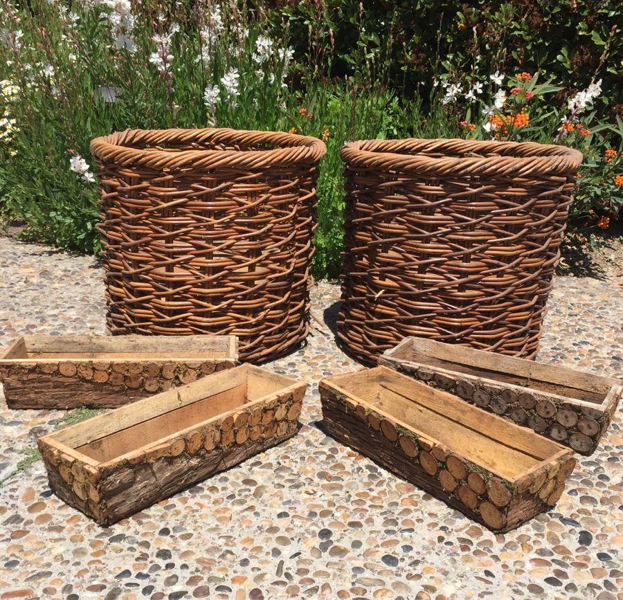 Pair Of Large Vintage Woven Baskets And (4) Wooden Motif Flower Planters