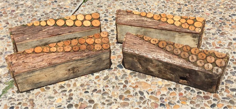 Pair Of Large Vintage Woven Baskets And (4) Wooden Motif Flower Planters [Photo 11]