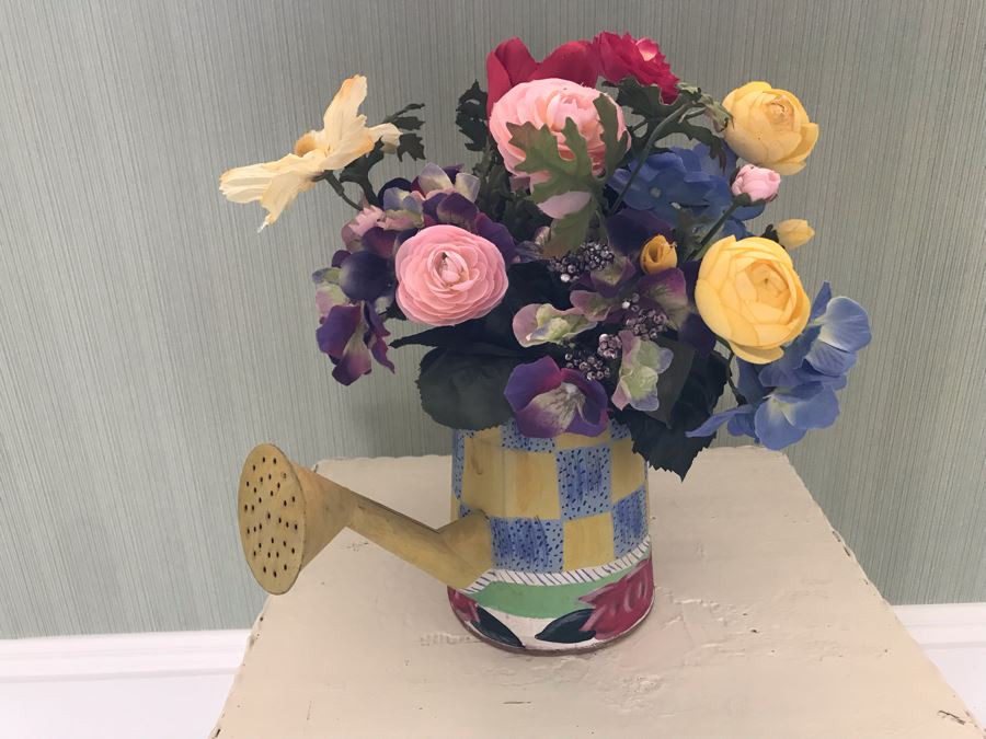 ALL ITEMS BELOW JUST ADDED - Painted Wicker Side Table With Hand Painted Watering Can And Faux Flowers [Photo 4]