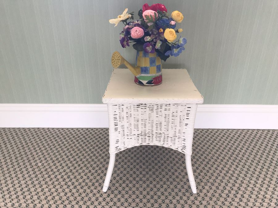 ALL ITEMS BELOW JUST ADDED - Painted Wicker Side Table With Hand Painted Watering Can And Faux Flowers [Photo 2]