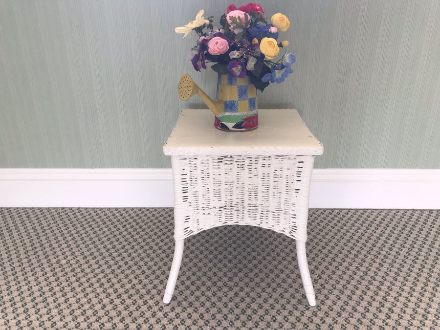 ALL ITEMS BELOW JUST ADDED - Painted Wicker Side Table With Hand Painted Watering Can And Faux Flowers [Photo 3]