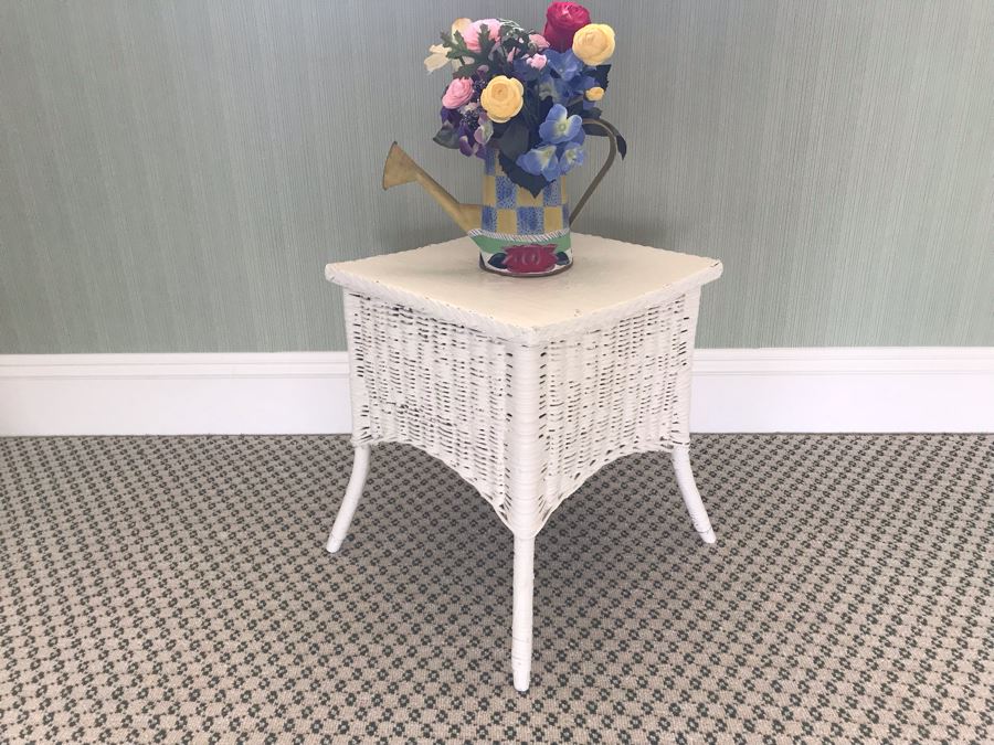 ALL ITEMS BELOW JUST ADDED - Painted Wicker Side Table With Hand Painted Watering Can And Faux Flowers