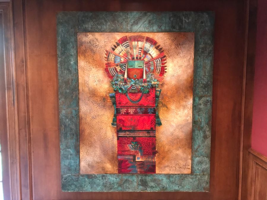 JUST ADDED - Original Monumental Oil Painting Of Kachina With Custom Wood And Hand Hammered Copper Frame By Tony Abeyta Navajo Contemporary Native American Artist - 64' X 76' Frame / 48' X 60' - Item Has Reserve Price [Photo 2]