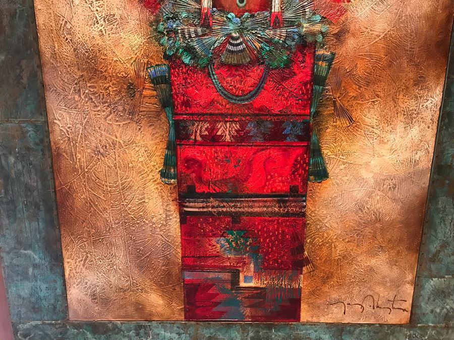 JUST ADDED - Original Monumental Oil Painting Of Kachina With Custom Wood And Hand Hammered Copper Frame By Tony Abeyta Navajo Contemporary Native American Artist - 64' X 76' Frame / 48' X 60' - Item Has Reserve Price [Photo 5]
