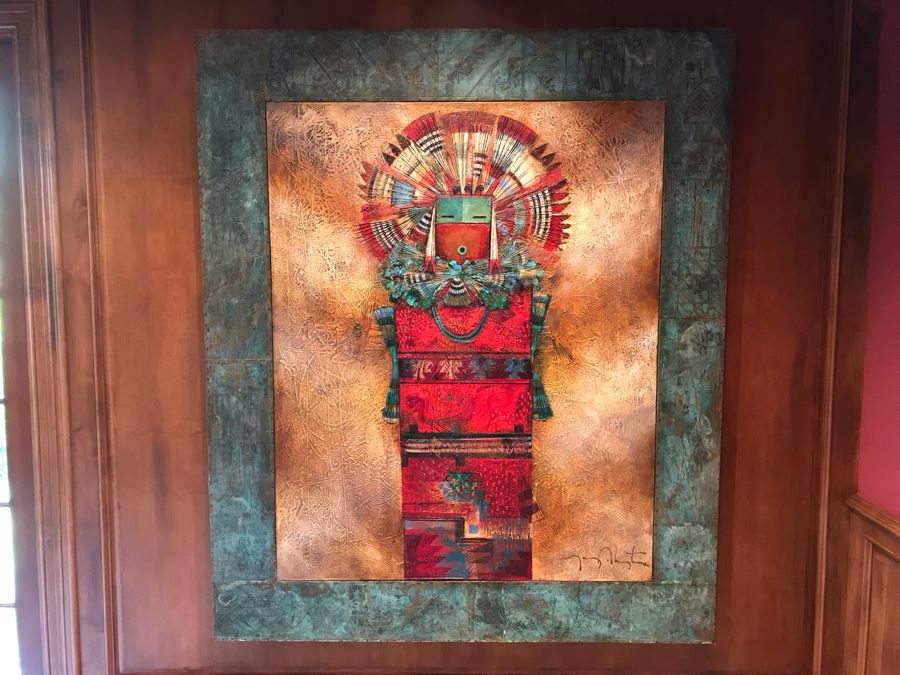 JUST ADDED - Original Monumental Oil Painting Of Kachina With Custom Wood And Hand Hammered Copper Frame By Tony Abeyta Navajo Contemporary Native American Artist - 64' X 76' Frame / 48' X 60' - Item Has Reserve Price [Photo 3]