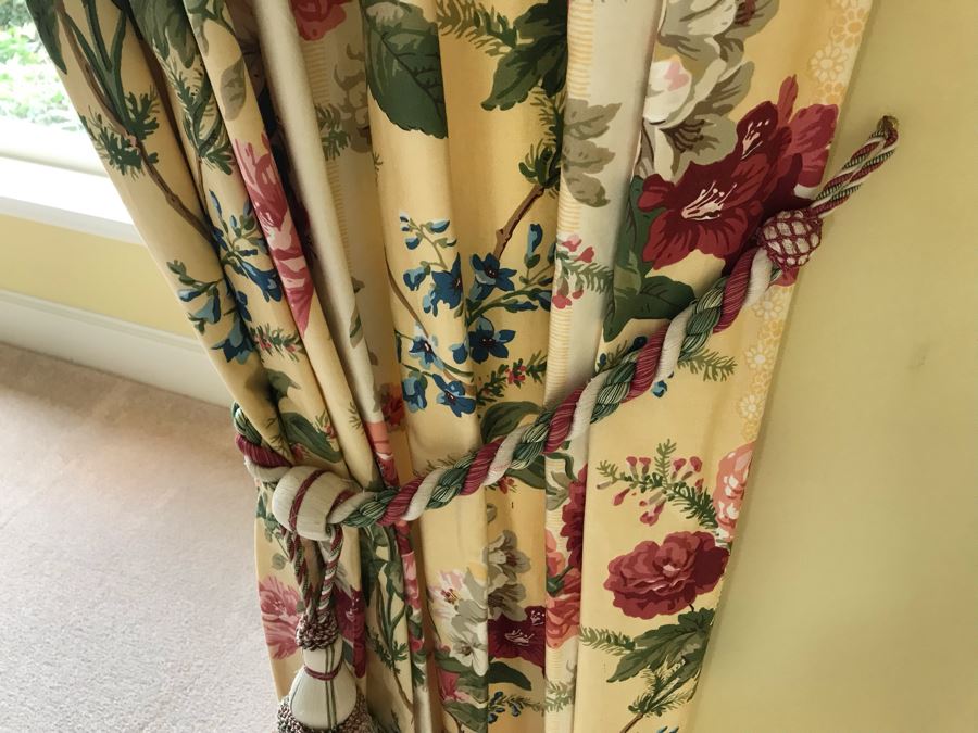 Pair Of Brunschwig And Fils Fabric Decorative Side Curtains (Framing Two Bay Windows) With (2) Decorative Wooden Curtain Rods And (4) Large Tassels [Photo 15]