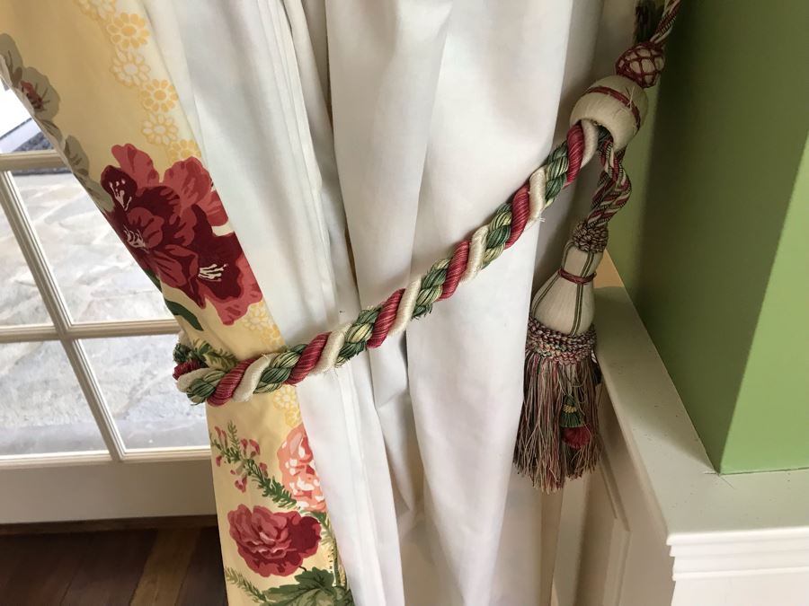 Pair Of Brunschwig And Fils Fabric Decorative Side Curtains (Framing Two Bay Windows) With (2) Decorative Wooden Curtain Rods And (4) Large Tassels [Photo 10]