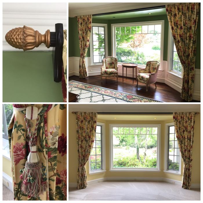 Pair Of Brunschwig And Fils Fabric Decorative Side Curtains (Framing Two Bay Windows) With (2) Decorative Wooden Curtain Rods And (4) Large Tassels