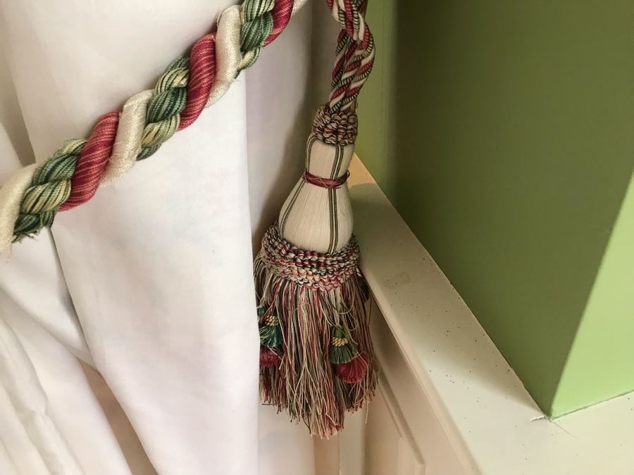 Pair Of Brunschwig And Fils Fabric Decorative Side Curtains (Framing Two Bay Windows) With (2) Decorative Wooden Curtain Rods And (4) Large Tassels [Photo 11]