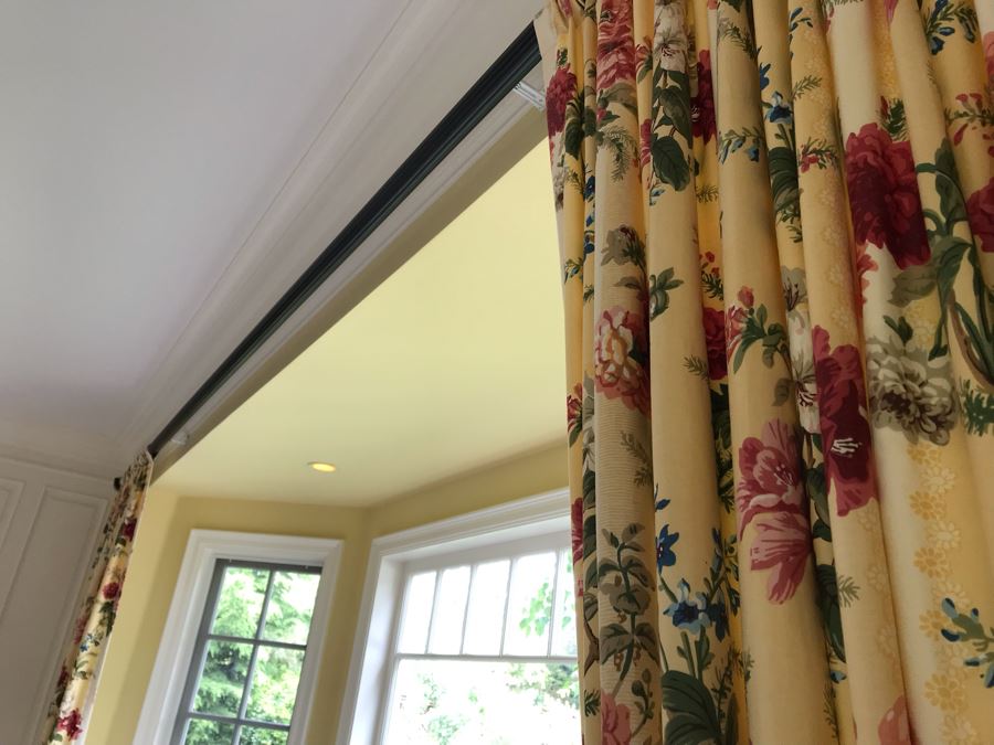 Pair Of Brunschwig And Fils Fabric Decorative Side Curtains (Framing Two Bay Windows) With (2) Decorative Wooden Curtain Rods And (4) Large Tassels [Photo 6]