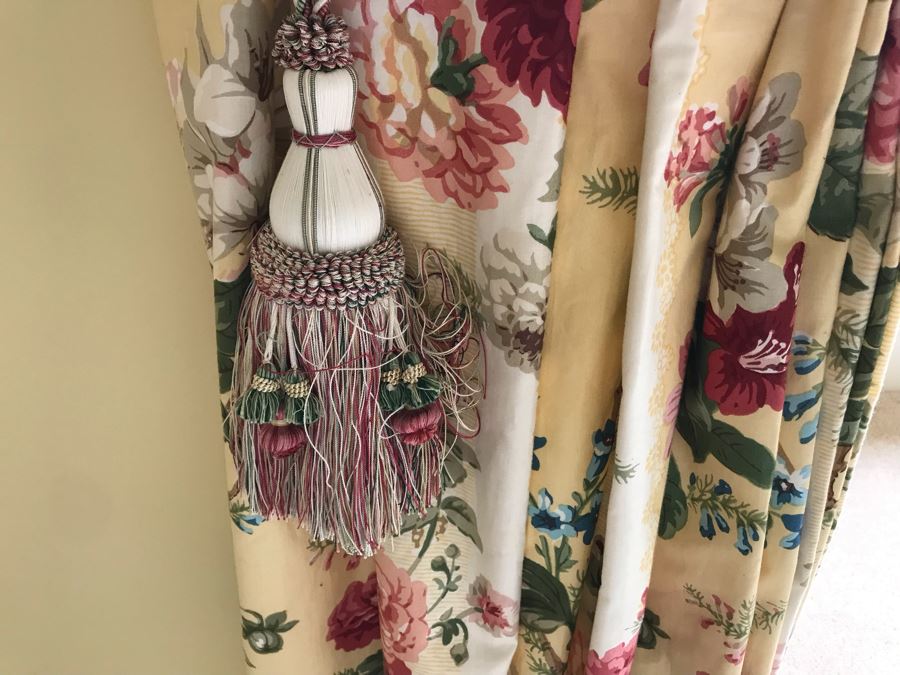 Pair Of Brunschwig And Fils Fabric Decorative Side Curtains (Framing Two Bay Windows) With (2) Decorative Wooden Curtain Rods And (4) Large Tassels [Photo 17]