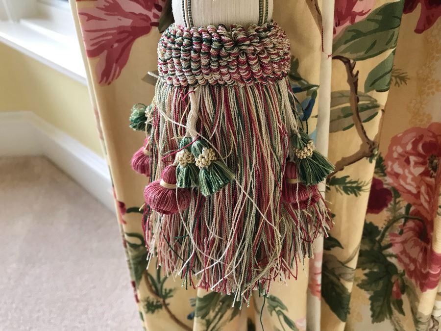 Pair Of Brunschwig And Fils Fabric Decorative Side Curtains (Framing Two Bay Windows) With (2) Decorative Wooden Curtain Rods And (4) Large Tassels [Photo 14]