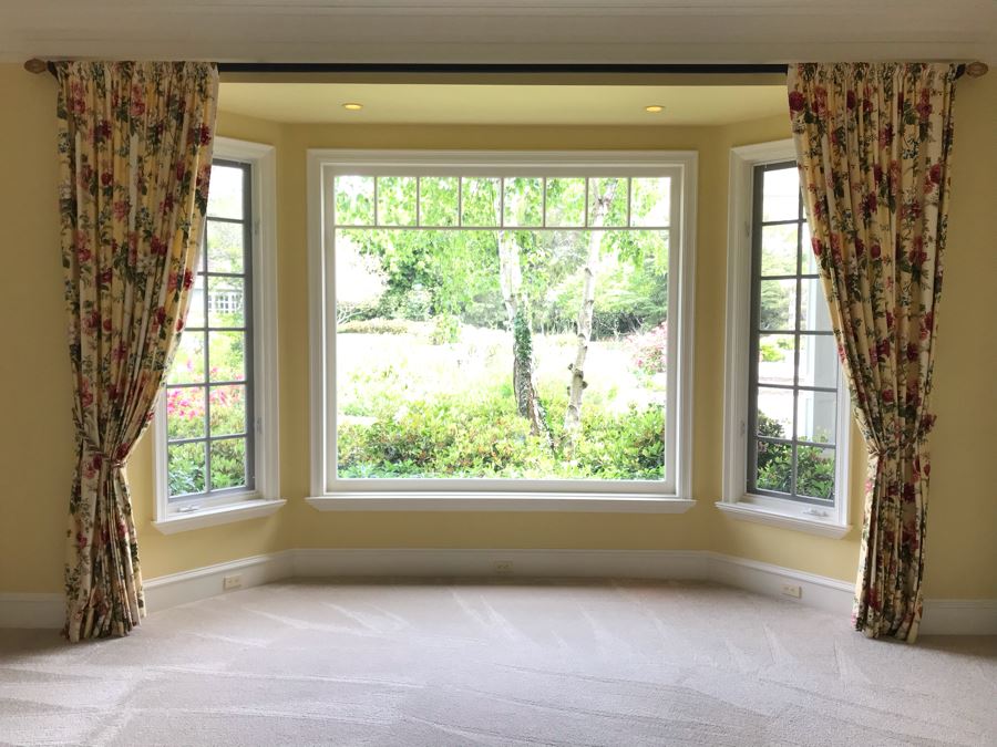 Pair Of Brunschwig And Fils Fabric Decorative Side Curtains (Framing Two Bay Windows) With (2) Decorative Wooden Curtain Rods And (4) Large Tassels [Photo 3]