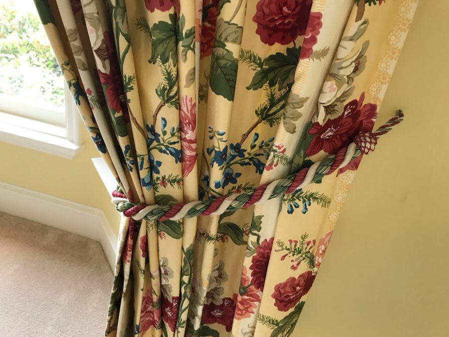Pair Of Brunschwig And Fils Fabric Decorative Side Curtains (Framing Two Bay Windows) With (2) Decorative Wooden Curtain Rods And (4) Large Tassels [Photo 12]
