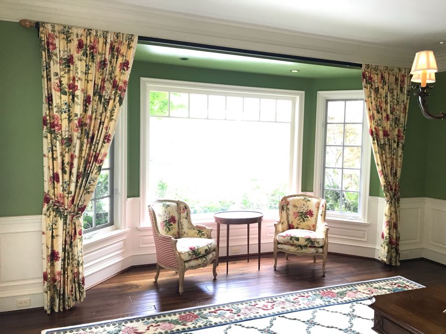 Pair Of Brunschwig And Fils Fabric Decorative Side Curtains (Framing Two Bay Windows) With (2) Decorative Wooden Curtain Rods And (4) Large Tassels [Photo 7]