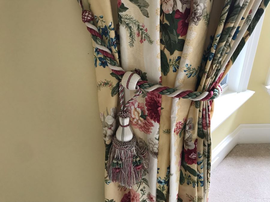 Pair Of Brunschwig And Fils Fabric Decorative Side Curtains (Framing Two Bay Windows) With (2) Decorative Wooden Curtain Rods And (4) Large Tassels [Photo 16]