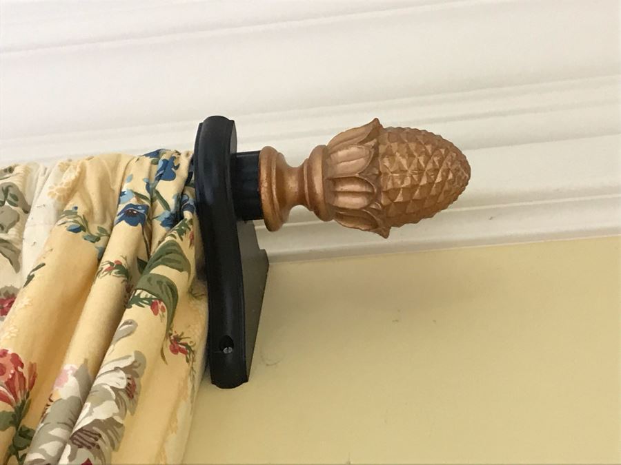 Pair Of Brunschwig And Fils Fabric Decorative Side Curtains (Framing Two Bay Windows) With (2) Decorative Wooden Curtain Rods And (4) Large Tassels [Photo 5]