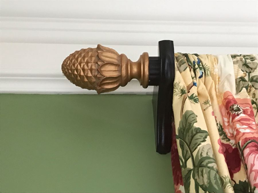 Pair Of Brunschwig And Fils Fabric Decorative Side Curtains (Framing Two Bay Windows) With (2) Decorative Wooden Curtain Rods And (4) Large Tassels [Photo 9]