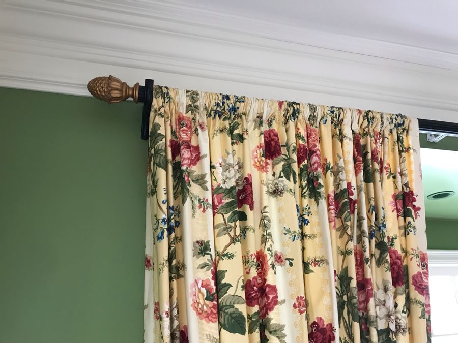 Pair Of Brunschwig And Fils Fabric Decorative Side Curtains (Framing Two Bay Windows) With (2) Decorative Wooden Curtain Rods And (4) Large Tassels [Photo 8]